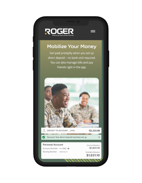 ROGER Bank App shows to mobilize your money with direct deposit